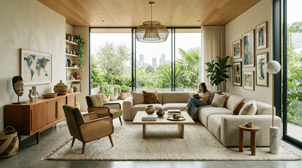 Living room with large windows, beige sectional sofa, green armchairs, wooden furniture, and city skyline visible outside